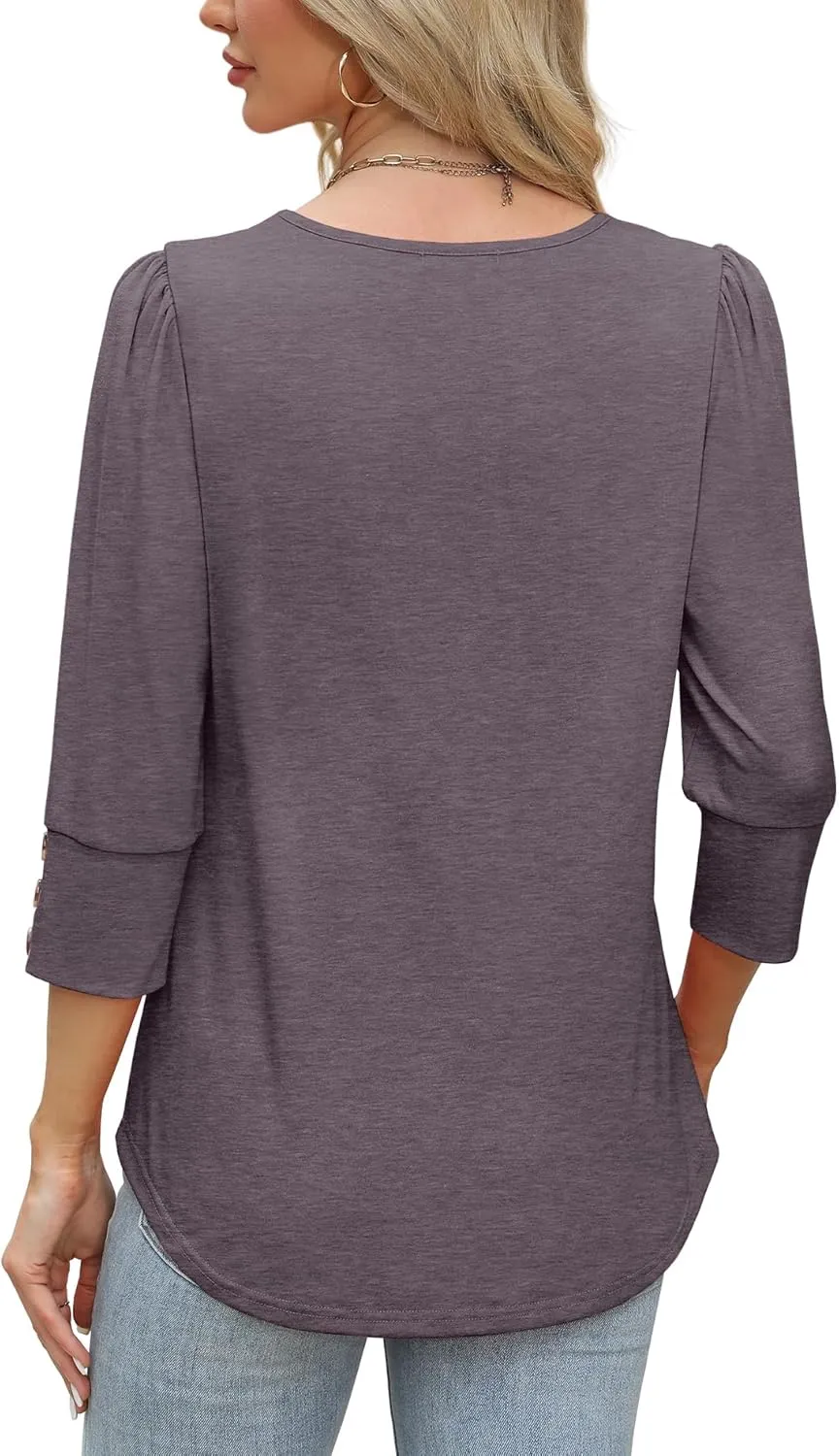 OFEEFAN Womens Tops 3/4 Sleeve with Buttons Dressy Casual Blouses Summer Outfits Beach Vacation Plus Size Spring Clothes