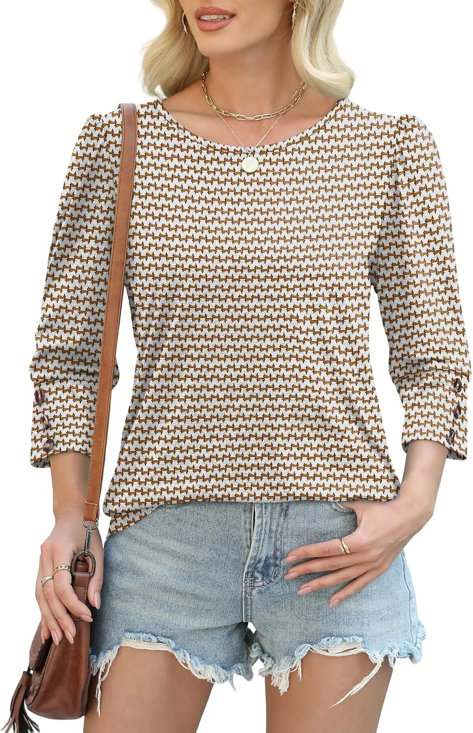 OFEEFAN Womens Tops 3/4 Sleeve with Buttons Dressy Casual Blouses Summer Outfits Beach Vacation Plus Size Spring Clothes