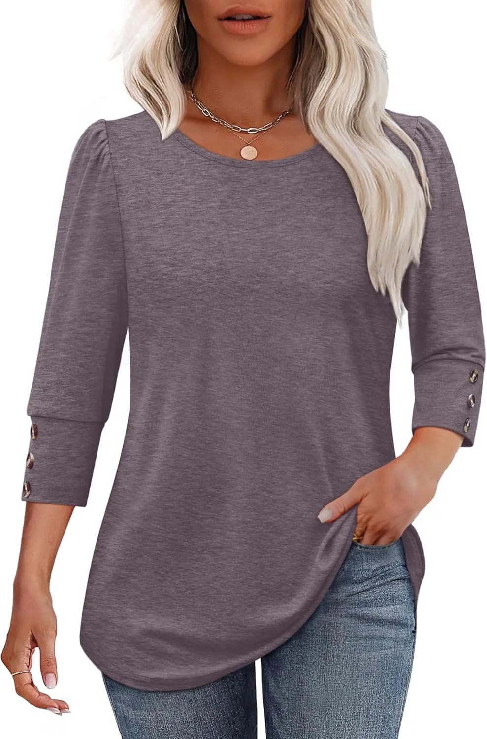OFEEFAN Womens Tops 3/4 Sleeve with Buttons Dressy Casual Blouses Summer Outfits Beach Vacation Plus Size Spring Clothes