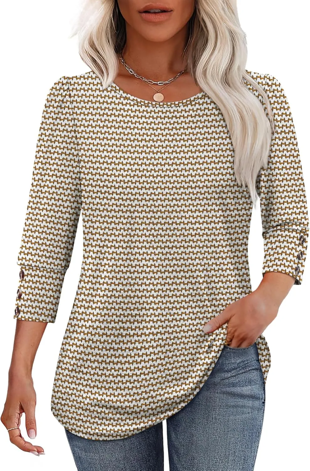 OFEEFAN Womens Tops 3/4 Sleeve with Buttons Dressy Casual Blouses Summer Outfits Beach Vacation Plus Size Spring Clothes