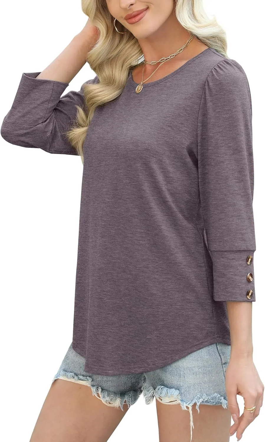 OFEEFAN Womens Tops 3/4 Sleeve with Buttons Dressy Casual Blouses Summer Outfits Beach Vacation Plus Size Spring Clothes