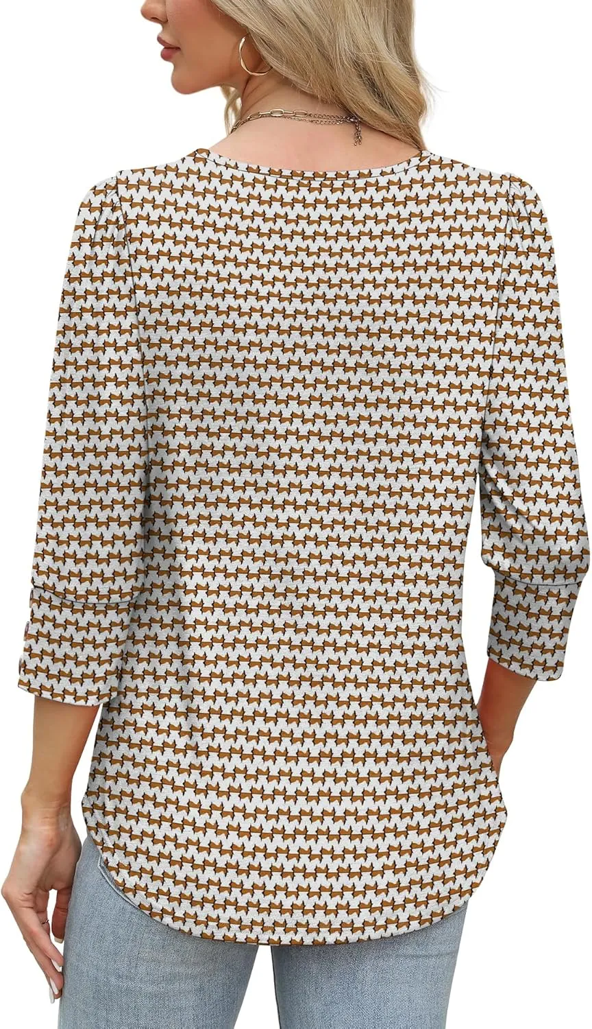 OFEEFAN Womens Tops 3/4 Sleeve with Buttons Dressy Casual Blouses Summer Outfits Beach Vacation Plus Size Spring Clothes