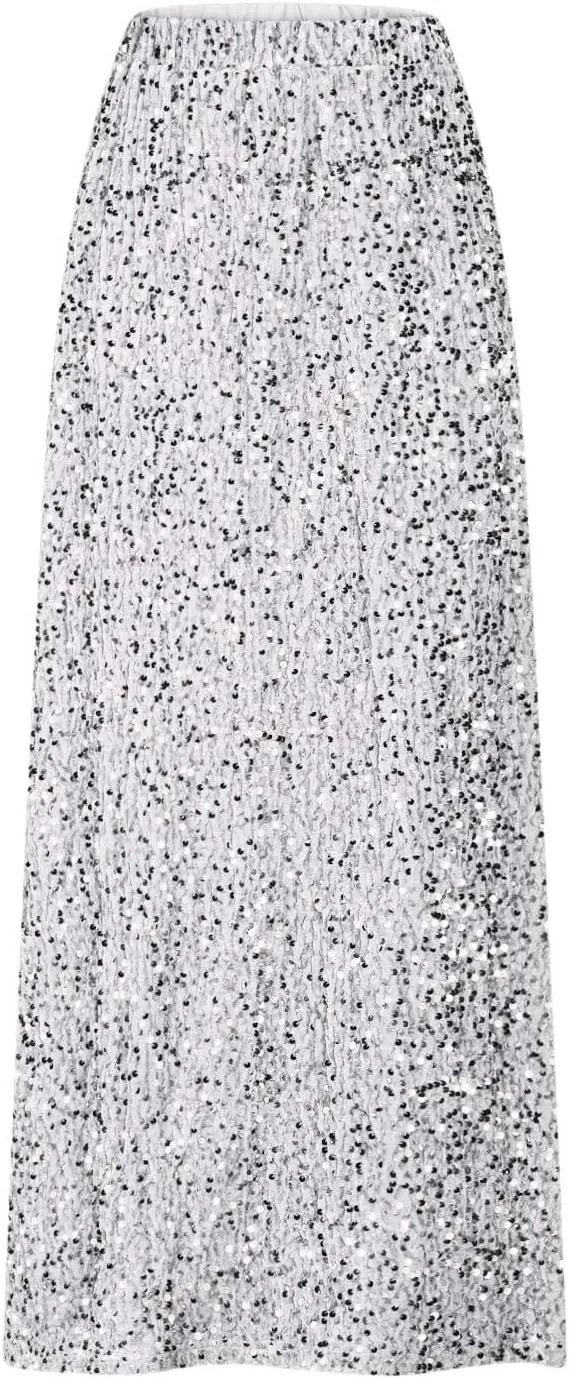 Oplxuo Women's Long Sequin Skirts Shiny Glitter High Waisted Maxi Skirts Elegant Cocktail Party Skirt Sparkly Clubwear