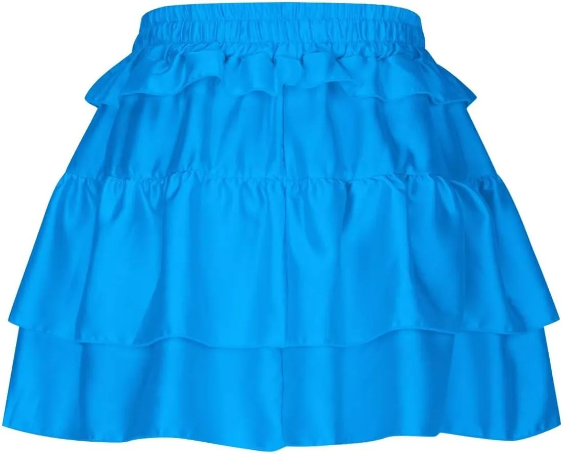 Oplxuo Y2K Mini Skirt for Women Sexy Pleated Layered Ruffle Hem Flowy Skirt Elastic High Waisted Short Skirts