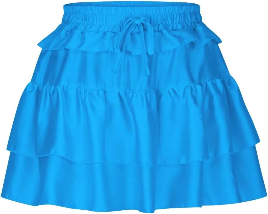Oplxuo Y2K Mini Skirt for Women Sexy Pleated Layered Ruffle Hem Flowy Skirt Elastic High Waisted Short Skirts