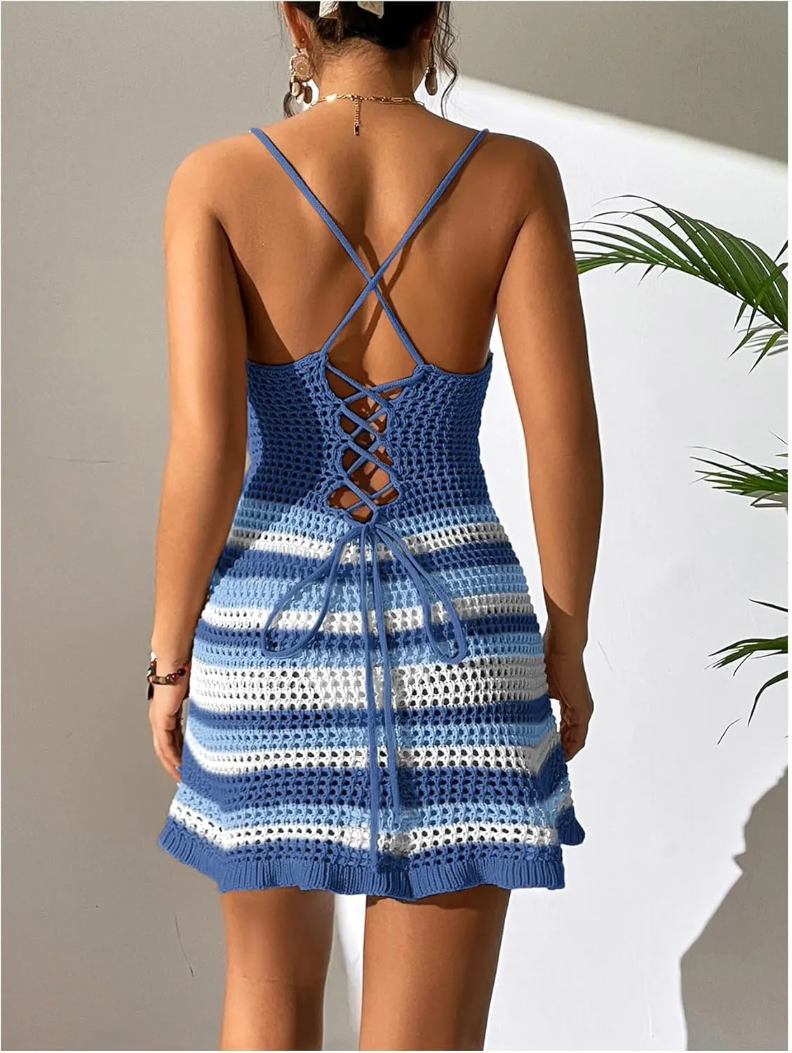 OYOANGLE Women's Crochet Cover Ups Cut Out Lace Up Beach Dress Sleeveless Summer Sundress Coverups