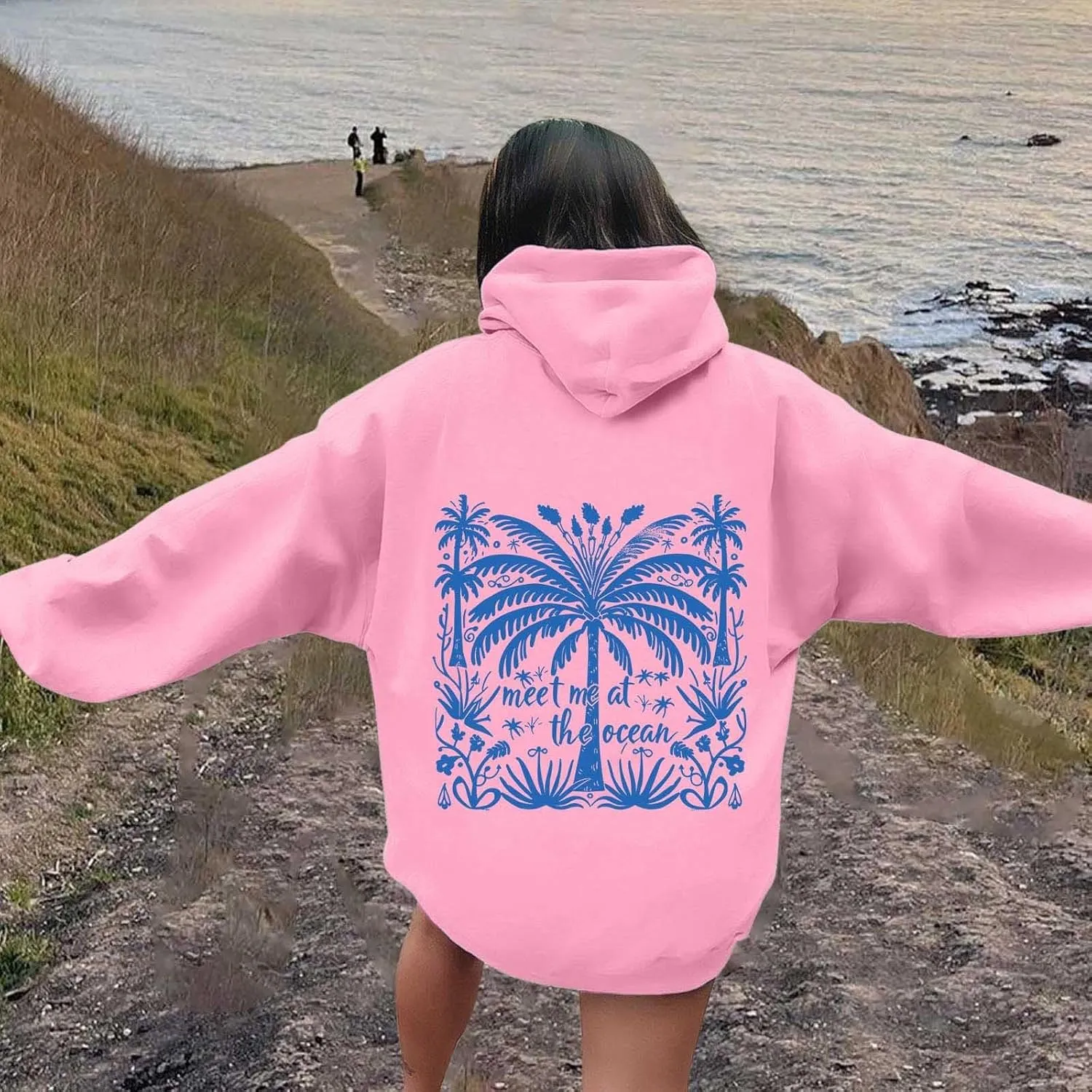 Palm Puff Hoodies Meet Me at The Ocean Graphic Hoodie For Women Long Sleeve Preppy Sweatshirts Oversized Pullover