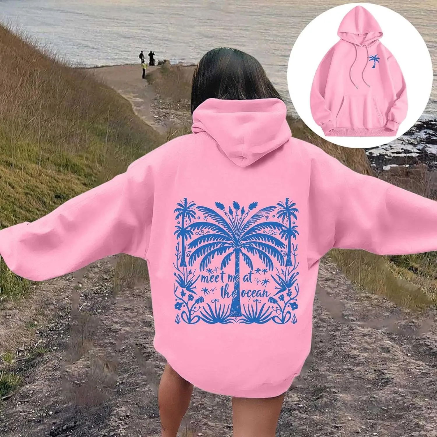 Palm Puff Hoodies Meet Me at The Ocean Graphic Hoodie For Women Long Sleeve Preppy Sweatshirts Oversized Pullover