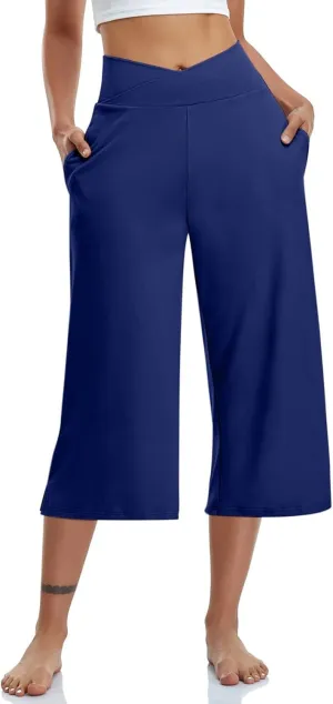 Pants Women Plus Size Elastic Waist Summer Linen Capri Pants for Women Stretch Petite Loose Womens Capris Cargo