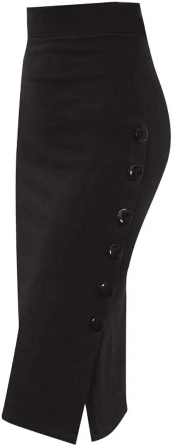 Pencil Skirt Button Womens Skirt High Ladies Multiple Office Split Size Waisted Skirt Cover up Skirt (Black, L)