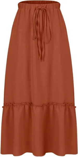 Pleated Midi Skirts for Women with Pockets, Elastic High Waisted Drawstring Skirt Womens Spring Skirts Trendy