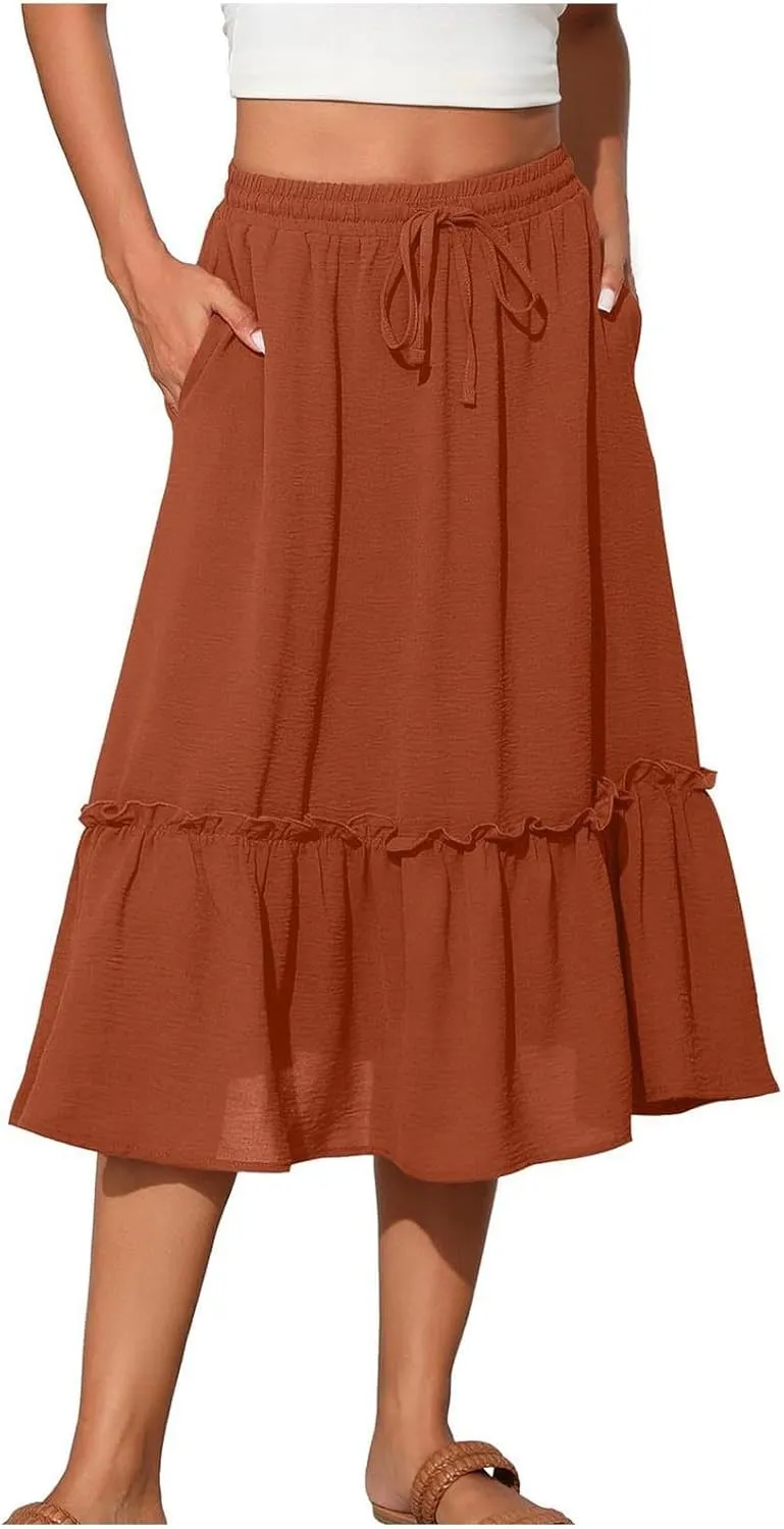 Pleated Midi Skirts for Women with Pockets, Elastic High Waisted Drawstring Skirt Womens Spring Skirts Trendy