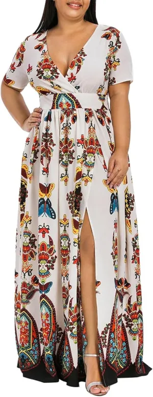 Plus Size Dresses for Curvy Women,2024 Spring Summer Elegant Wrap V Neck Bodycon Maxi Dress,Trendy Vintage Floral Print Short Sleeve Boho Dress,Flowy Ruched High Slit Beach Dress(D-White,3XL)