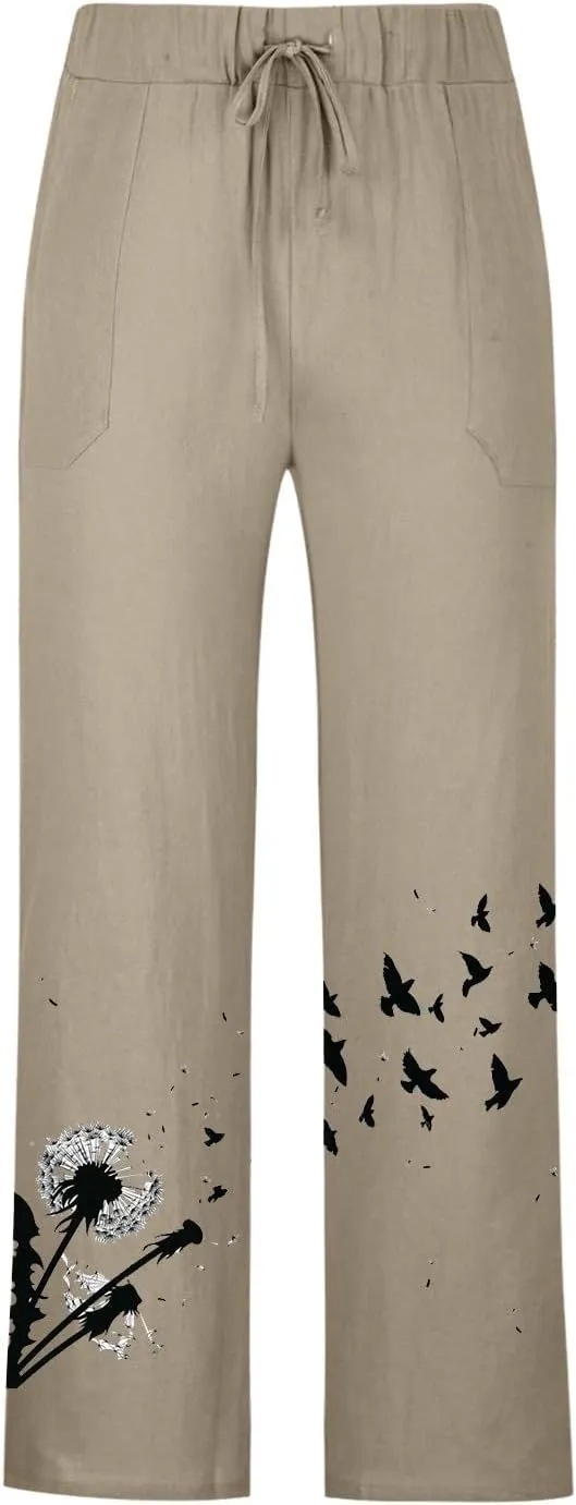 Plus Size Linen Pants Casual Stylish Cotton Linen Trousers Loose Drawstring Elastic Waist Print Solid Sweatpants