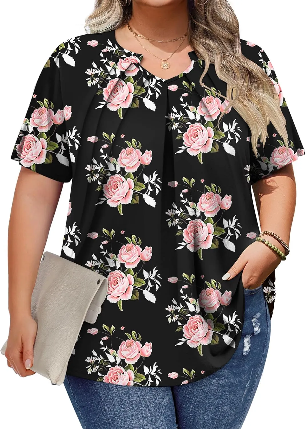 Plus Size Tops for Women Summer Outfits Short Sleeve V Neck Tunic Tops Spring Clothes Casual Blouses 1X-5X