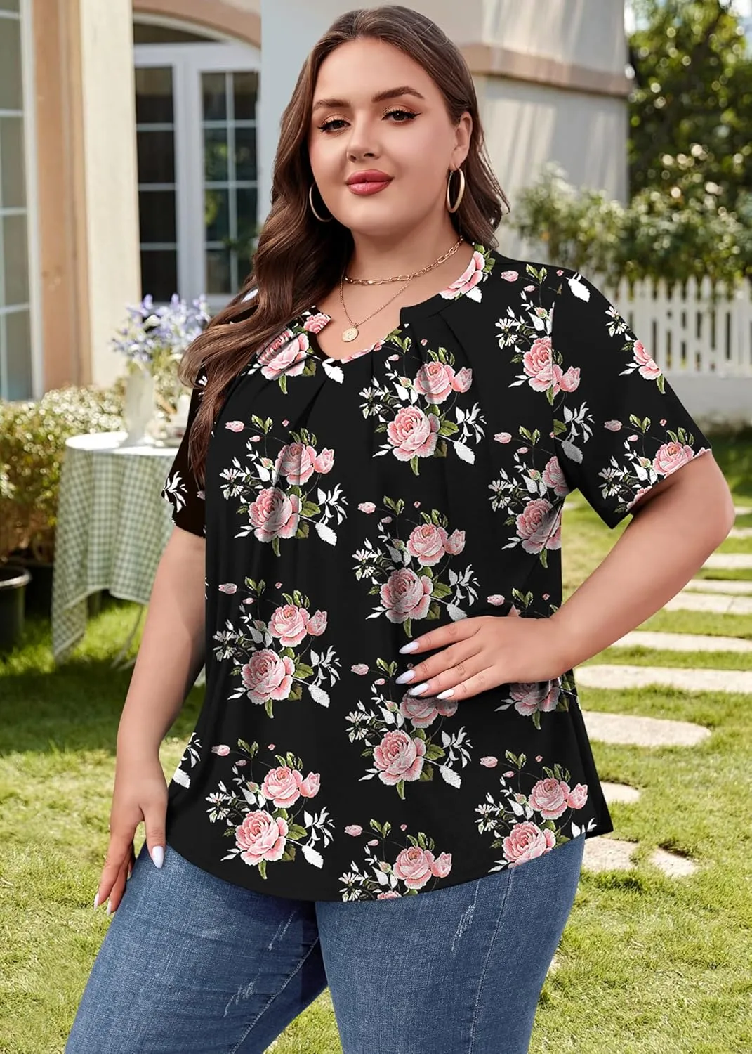 Plus Size Tops for Women Summer Outfits Short Sleeve V Neck Tunic Tops Spring Clothes Casual Blouses 1X-5X