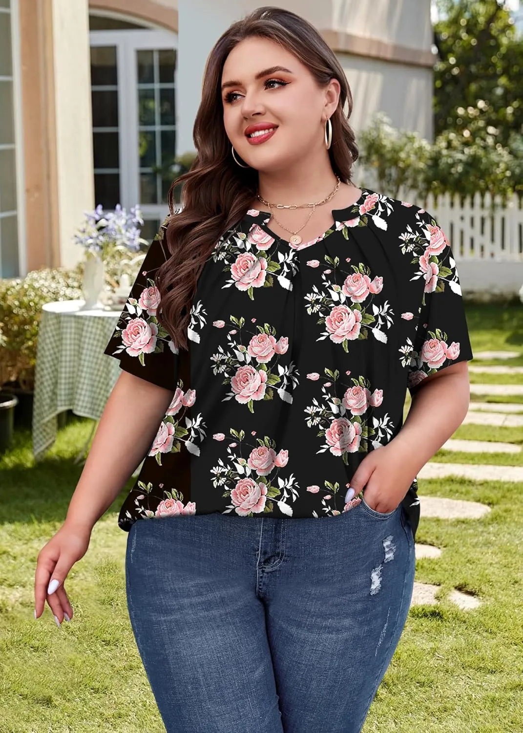 Plus Size Tops for Women Summer Outfits Short Sleeve V Neck Tunic Tops Spring Clothes Casual Blouses 1X-5X