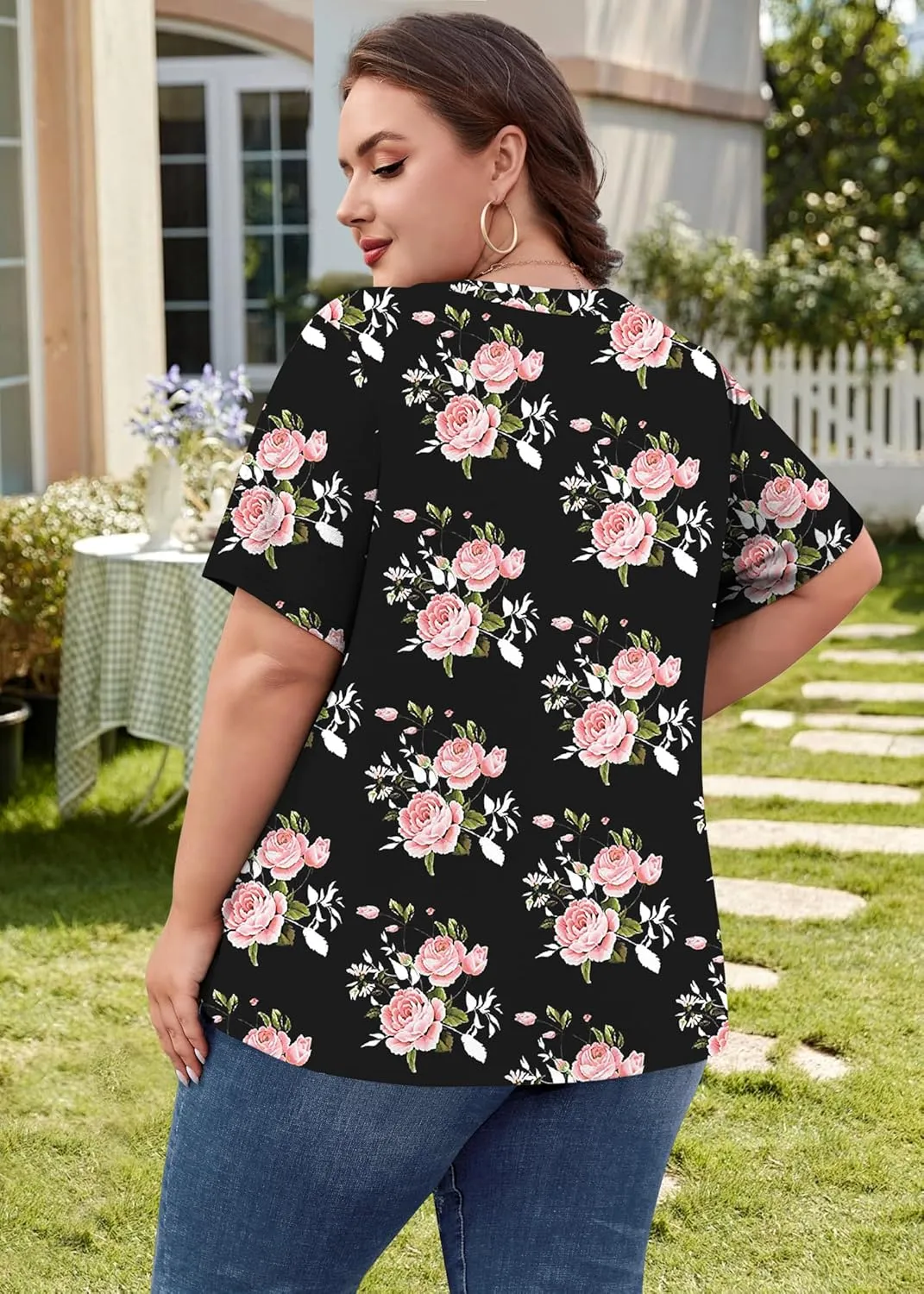 Plus Size Tops for Women Summer Outfits Short Sleeve V Neck Tunic Tops Spring Clothes Casual Blouses 1X-5X