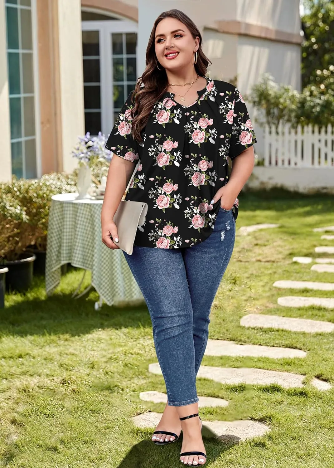 Plus Size Tops for Women Summer Outfits Short Sleeve V Neck Tunic Tops Spring Clothes Casual Blouses 1X-5X