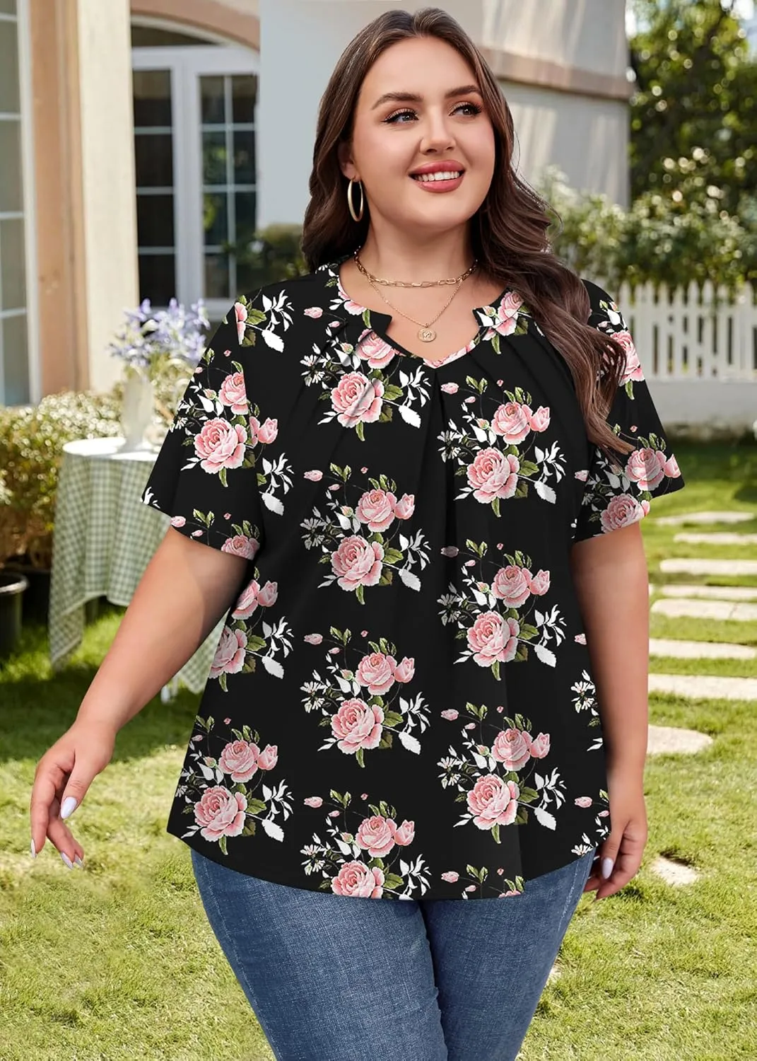Plus Size Tops for Women Summer Outfits Short Sleeve V Neck Tunic Tops Spring Clothes Casual Blouses 1X-5X