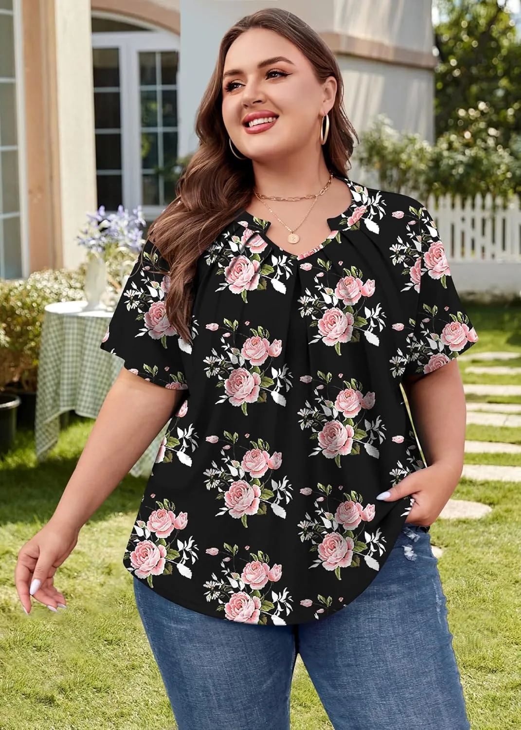 Plus Size Tops for Women Summer Outfits Short Sleeve V Neck Tunic Tops Spring Clothes Casual Blouses 1X-5X