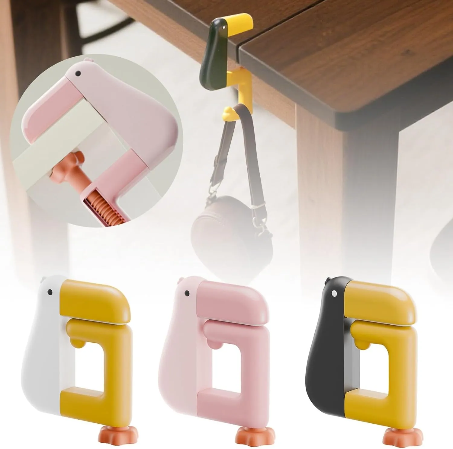 Portable Detachable Hook, Desk Handbag Hanger, Cute Creative Non-Slip Design Folding Hook Under Shelf for Office Bag Desk Accessories Student Desk (White, 1PC)