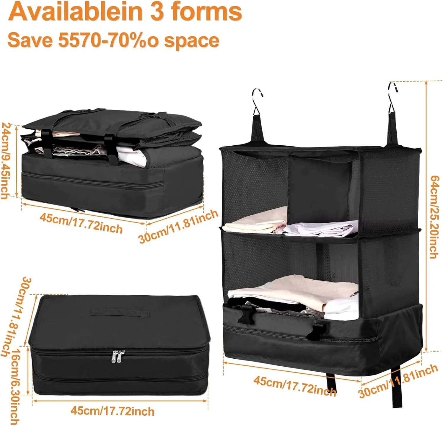 Portable Hanging Travel Shelves, Large Capacity Hanging Packing Luggage Organizer, Foldable Hanging Travel Organizers Bag, Breathable Travel Packing Garment Bag for Suitcase (Black, 45 * 30 * 64cm)