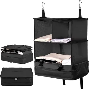 Portable Hanging Travel Shelves, Large Capacity Hanging Packing Luggage Organizer, Foldable Hanging Travel Organizers Bag, Breathable Travel Packing Garment Bag for Suitcase (Black, 45 * 30 * 64cm)