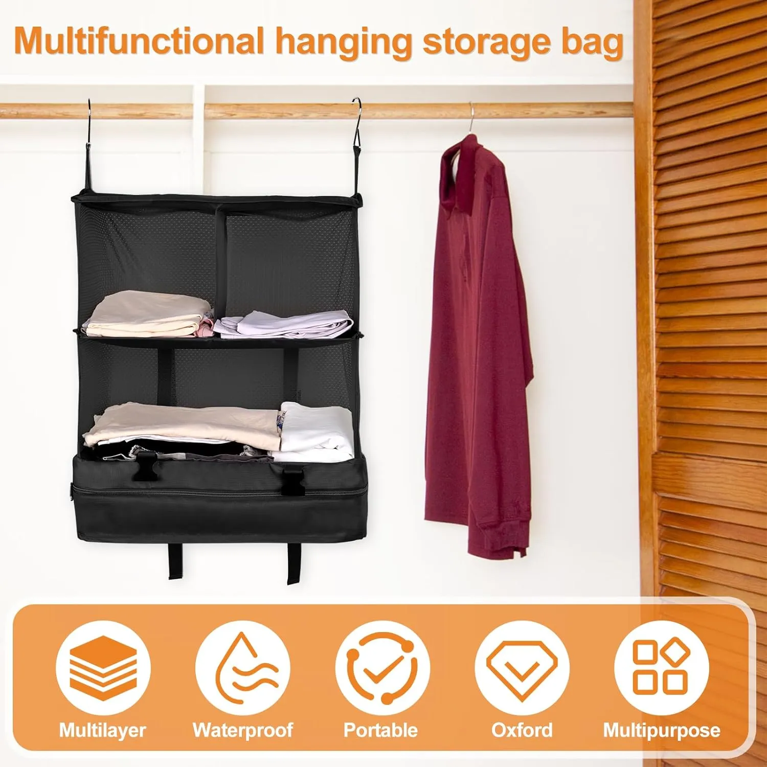 Portable Hanging Travel Shelves, Large Capacity Hanging Packing Luggage Organizer, Foldable Hanging Travel Organizers Bag, Breathable Travel Packing Garment Bag for Suitcase (Black, 45 * 30 * 64cm)