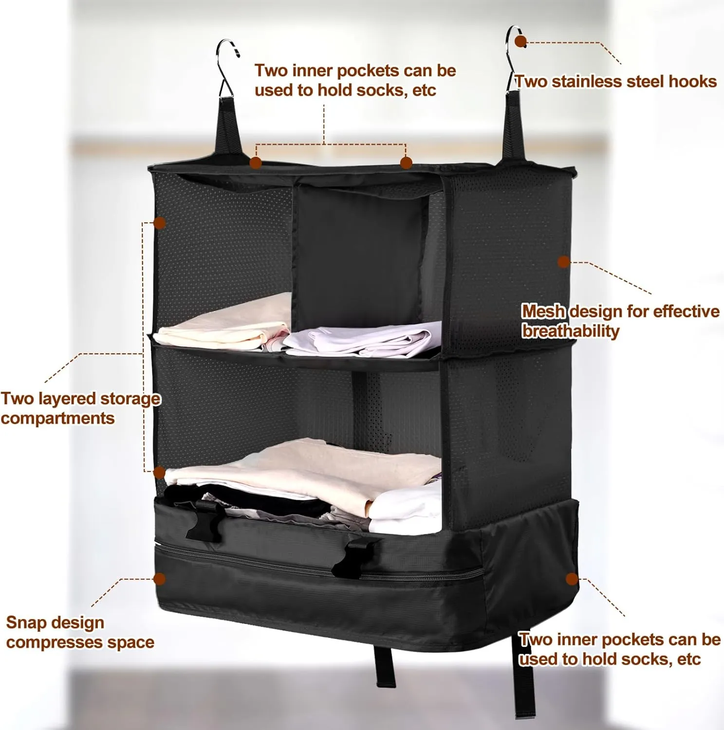 Portable Hanging Travel Shelves, Large Capacity Hanging Packing Luggage Organizer, Foldable Hanging Travel Organizers Bag, Breathable Travel Packing Garment Bag for Suitcase (Black, 45 * 30 * 64cm)
