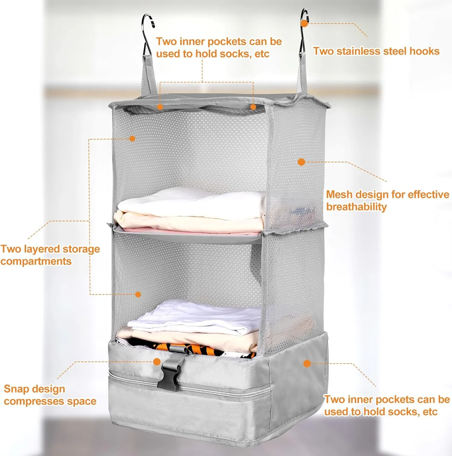 Portable Hanging Travel Shelves, Large Capacity Hanging Packing Luggage Organizer, Foldable Hanging Travel Organizers Bag, Breathable Travel Packing Garment Bag for Suitcase (Grey, 30 * 30 * 64cm)
