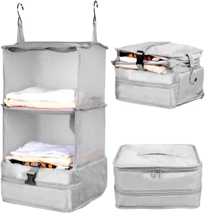 Portable Hanging Travel Shelves, Large Capacity Hanging Packing Luggage Organizer, Foldable Hanging Travel Organizers Bag, Breathable Travel Packing Garment Bag for Suitcase (Grey, 30 * 30 * 64cm)