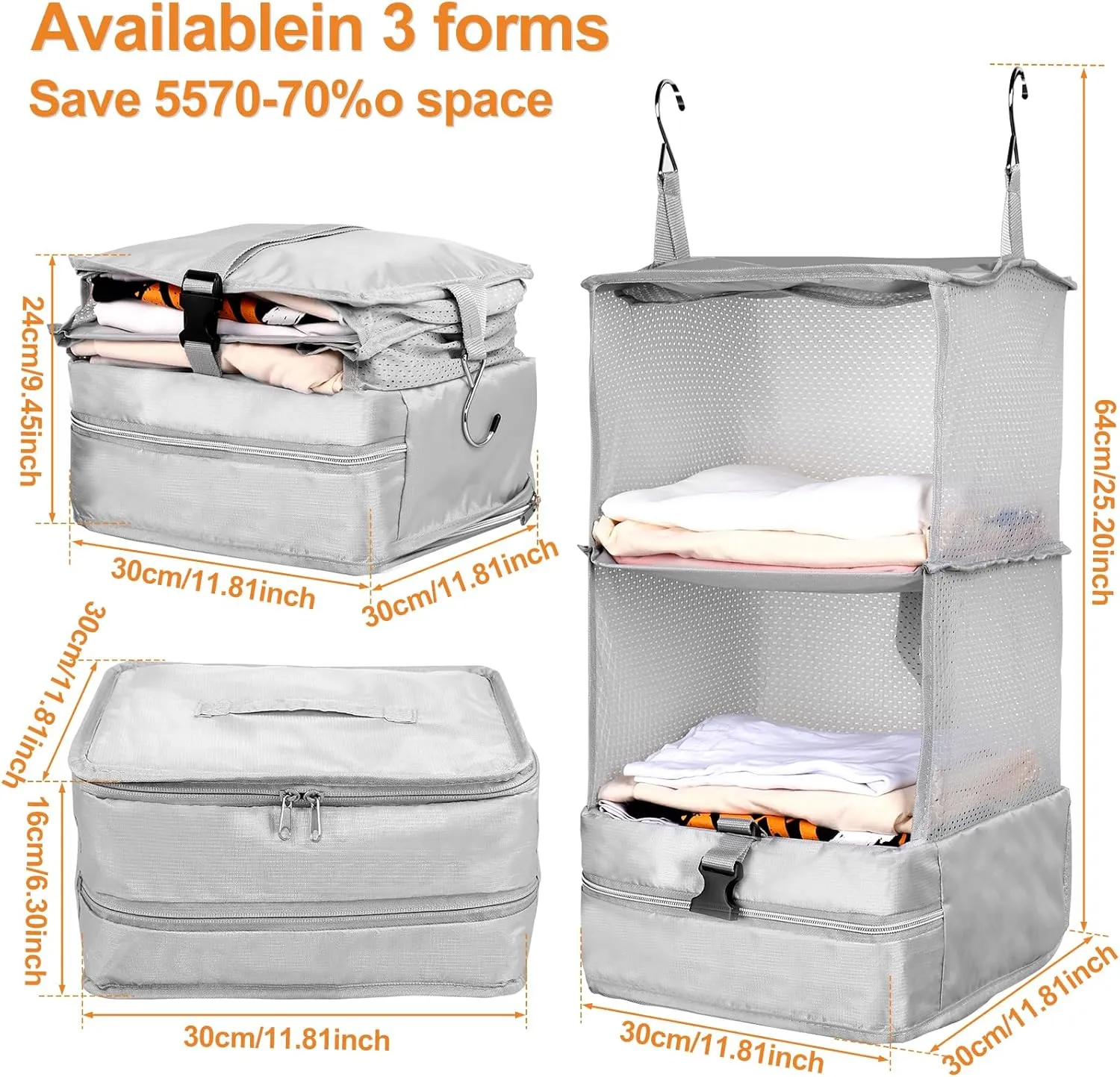 Portable Hanging Travel Shelves, Large Capacity Hanging Packing Luggage Organizer, Foldable Hanging Travel Organizers Bag, Breathable Travel Packing Garment Bag for Suitcase (Grey, 30 * 30 * 64cm)