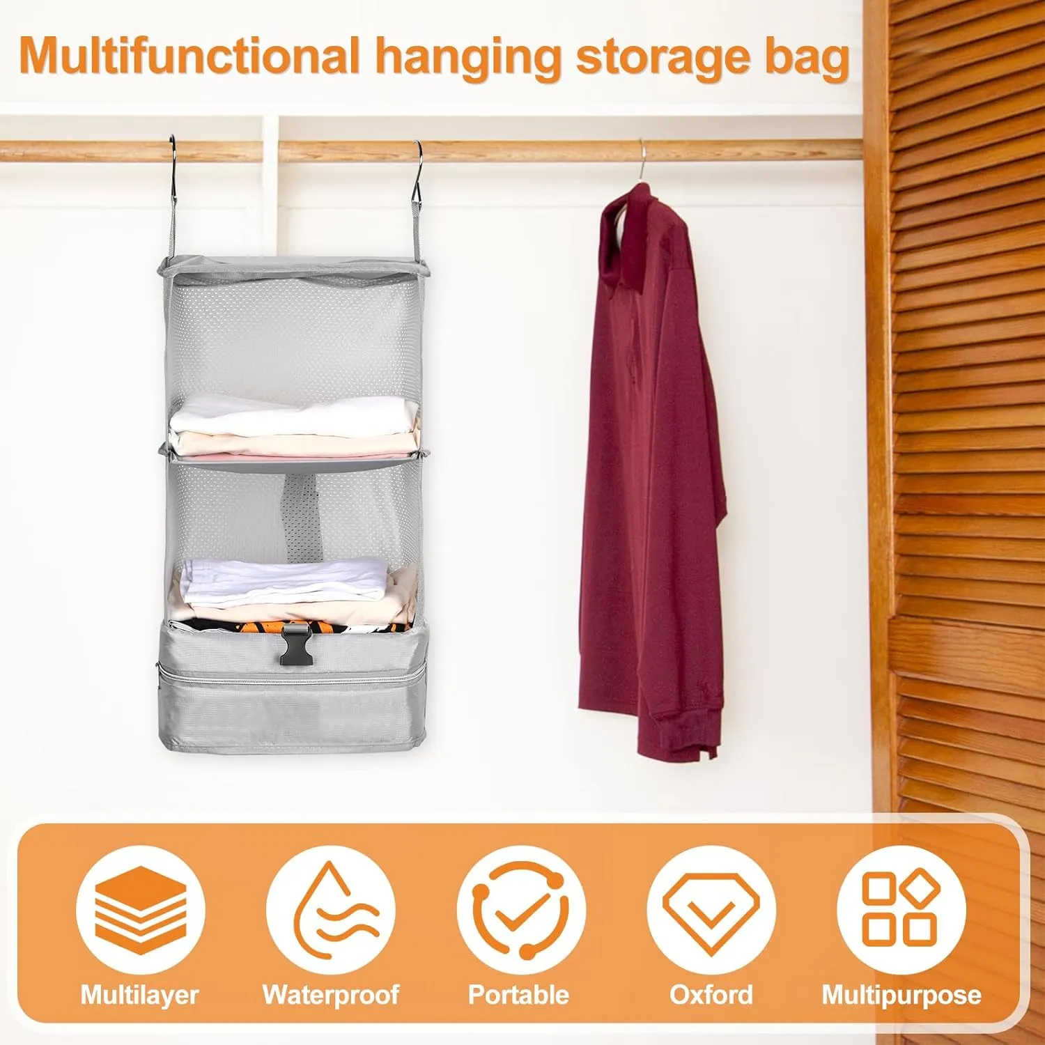 Portable Hanging Travel Shelves, Large Capacity Hanging Packing Luggage Organizer, Foldable Hanging Travel Organizers Bag, Breathable Travel Packing Garment Bag for Suitcase (Grey, 30 * 30 * 64cm)