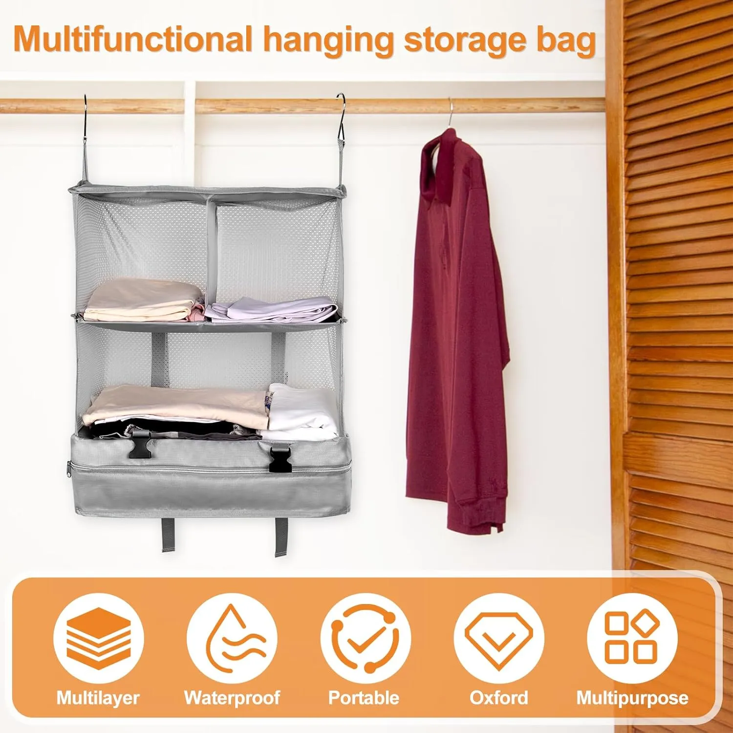 Portable Hanging Travel Shelves, Large Capacity Hanging Packing Luggage Organizer, Foldable Hanging Travel Organizers Bag, Breathable Travel Packing Garment Bag for Suitcase (Grey, 45 * 30 * 64cm)