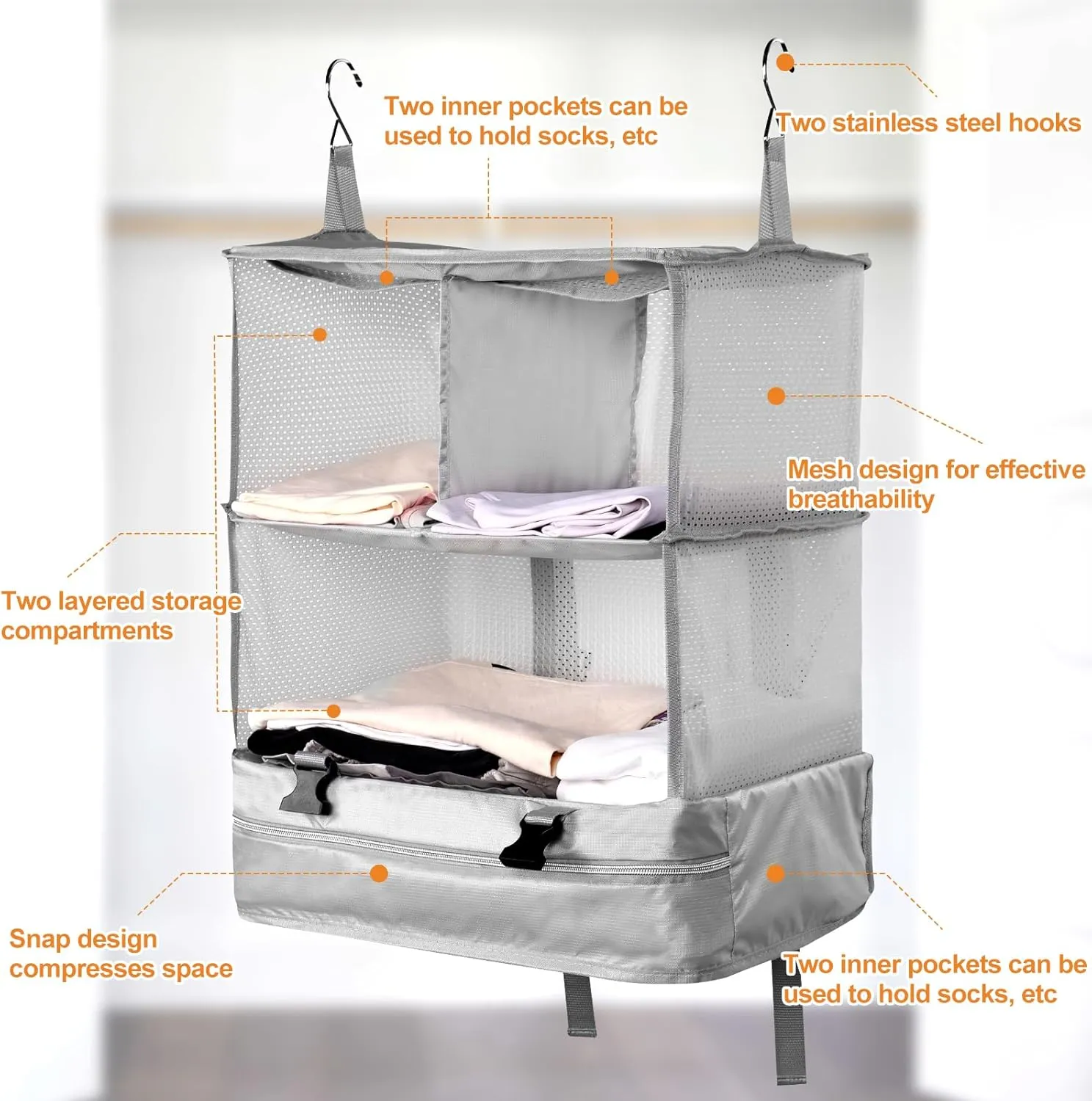 Portable Hanging Travel Shelves, Large Capacity Hanging Packing Luggage Organizer, Foldable Hanging Travel Organizers Bag, Breathable Travel Packing Garment Bag for Suitcase (Grey, 45 * 30 * 64cm)