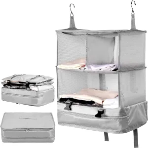 Portable Hanging Travel Shelves, Large Capacity Hanging Packing Luggage Organizer, Foldable Hanging Travel Organizers Bag, Breathable Travel Packing Garment Bag for Suitcase (Grey, 45 * 30 * 64cm)