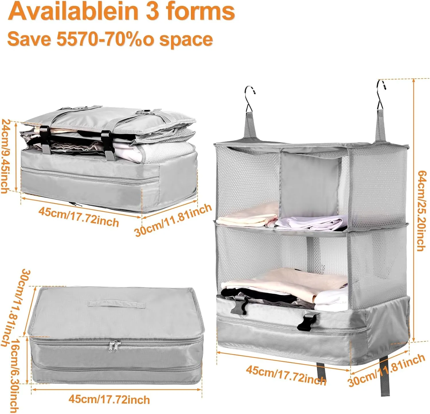 Portable Hanging Travel Shelves, Large Capacity Hanging Packing Luggage Organizer, Foldable Hanging Travel Organizers Bag, Breathable Travel Packing Garment Bag for Suitcase (Grey, 45 * 30 * 64cm)