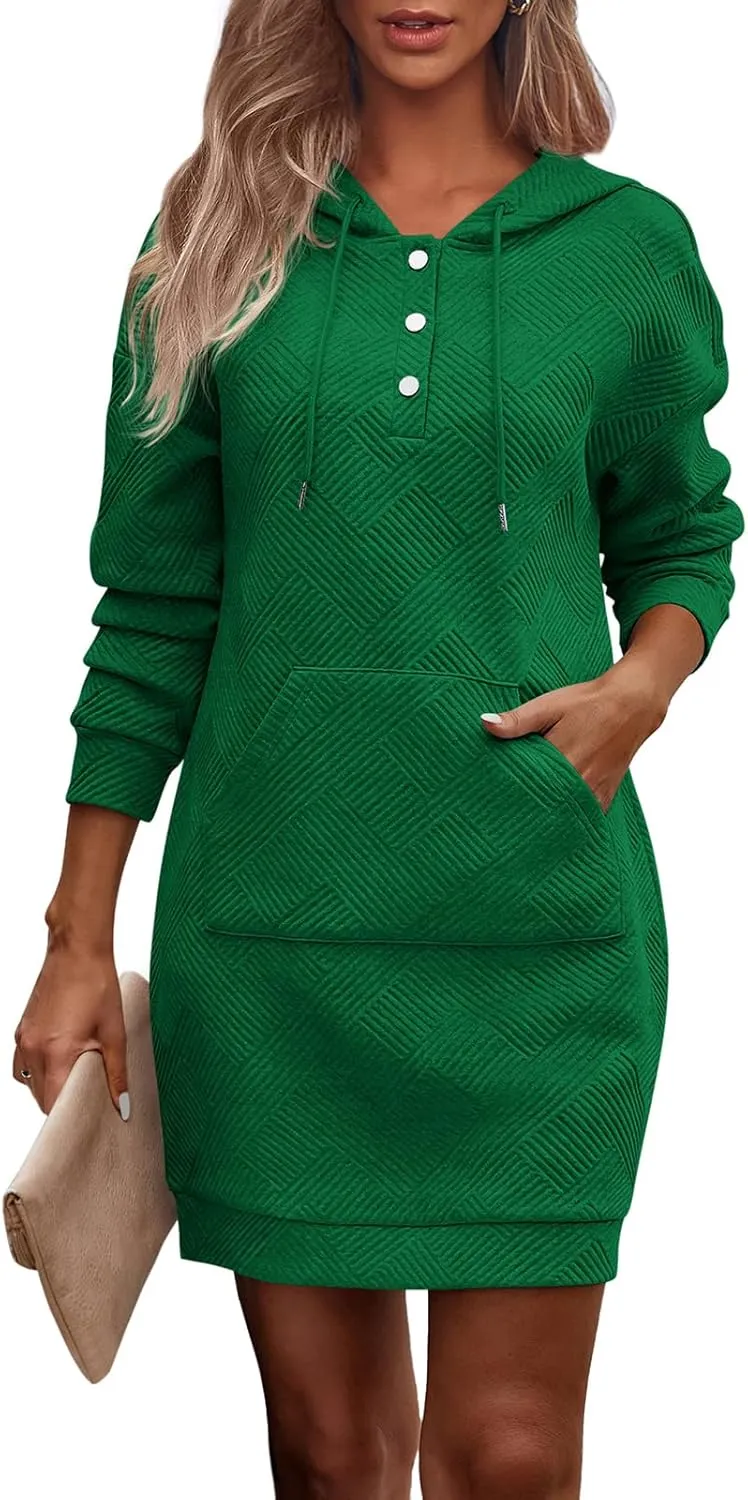 PRETTYGARDEN Long Sleeve Hoodies Dress 2024 Fall Trendy Texture Sweatshirts Outfits Button Hooded Winter Dresses with Pockets