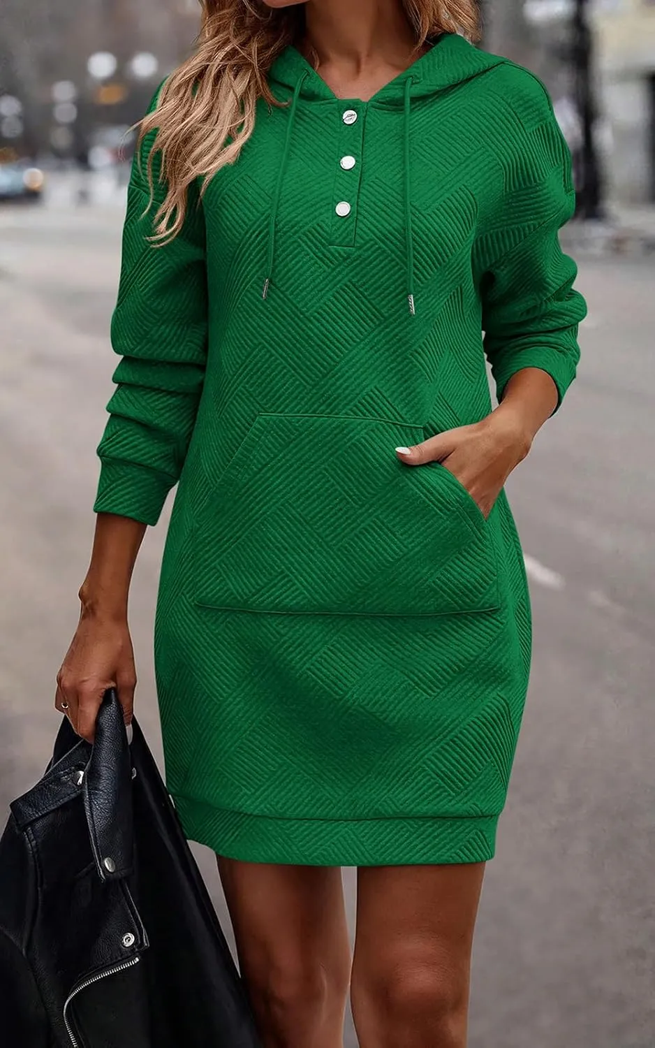 PRETTYGARDEN Long Sleeve Hoodies Dress 2024 Fall Trendy Texture Sweatshirts Outfits Button Hooded Winter Dresses with Pockets