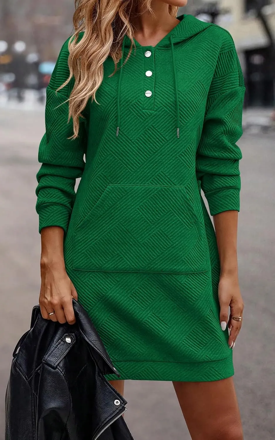 PRETTYGARDEN Long Sleeve Hoodies Dress 2024 Fall Trendy Texture Sweatshirts Outfits Button Hooded Winter Dresses with Pockets