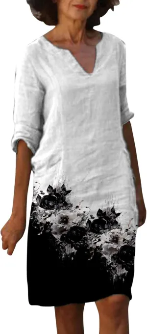 PTOLOCIF Linen Dresses for Women 2025 Trendy Floral Print Boho Midi Dress Half Sleeve V Neck T Shirt Dresses Vacation Outfits