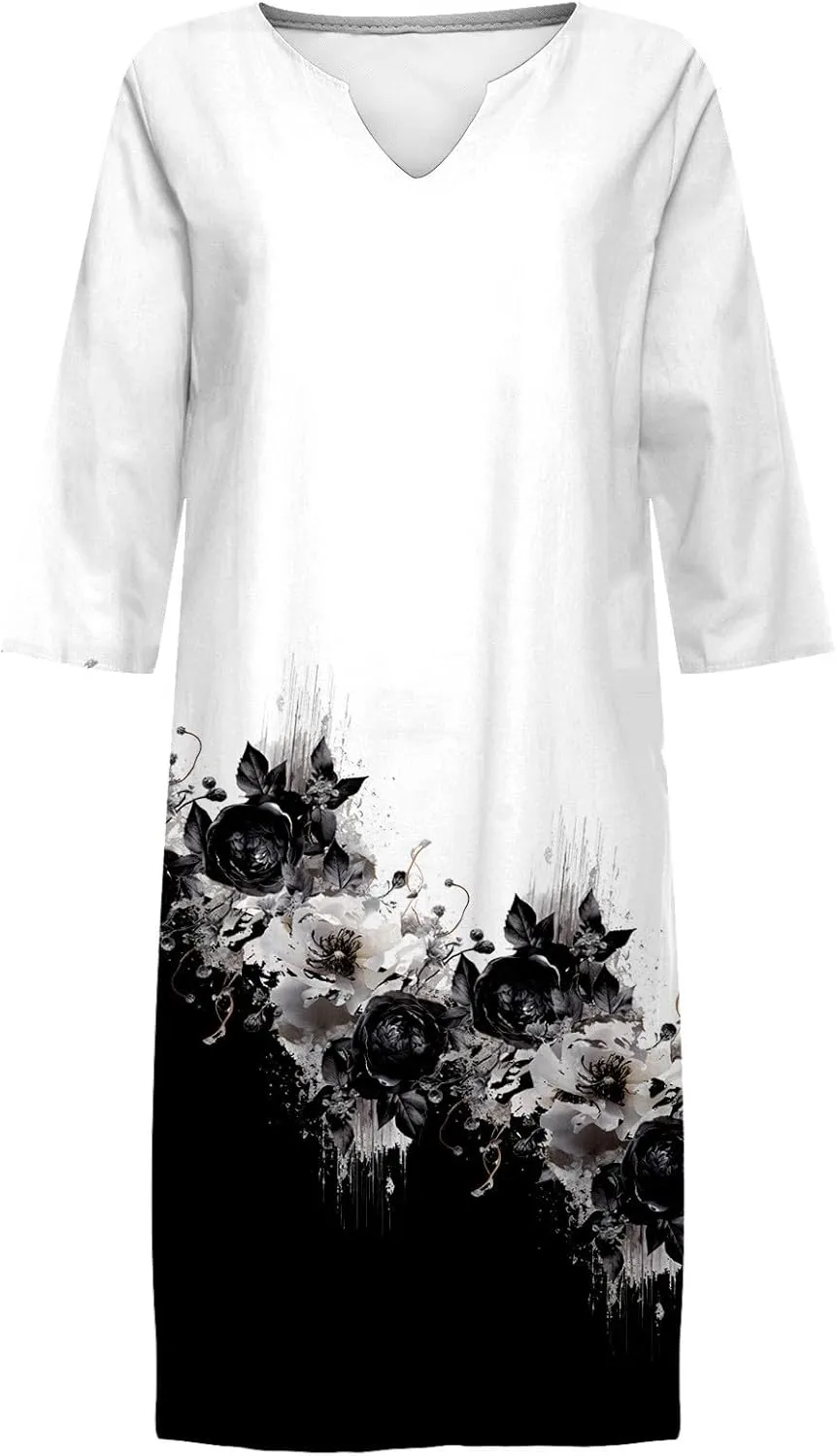 PTOLOCIF Linen Dresses for Women 2025 Trendy Floral Print Boho Midi Dress Half Sleeve V Neck T Shirt Dresses Vacation Outfits
