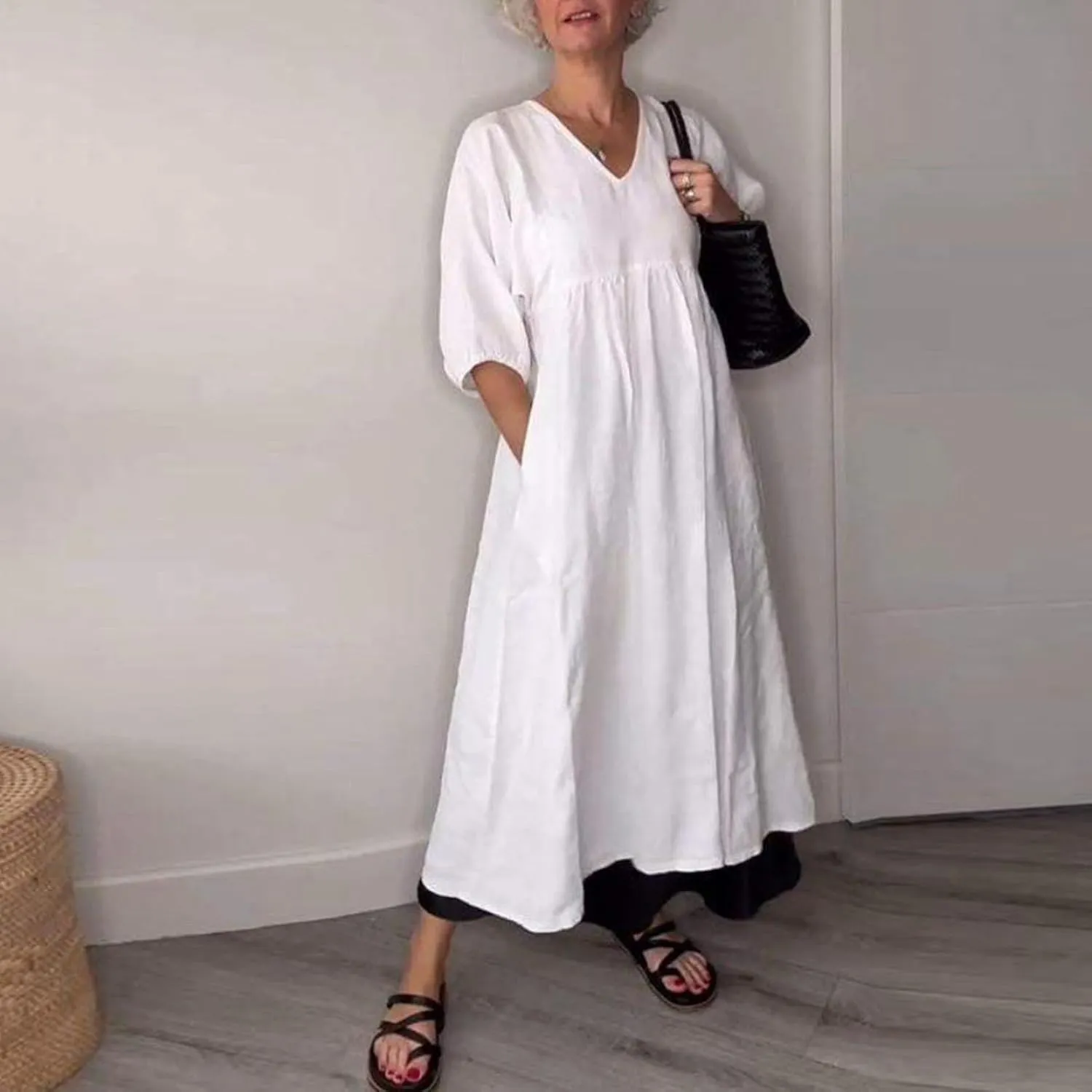 PTOLOCIF Womens Summer Casual Half Sleeve V Neck Midi Dresses Plus Size Dress a Line Flowy Tiered 2025 Boho Beach Dress