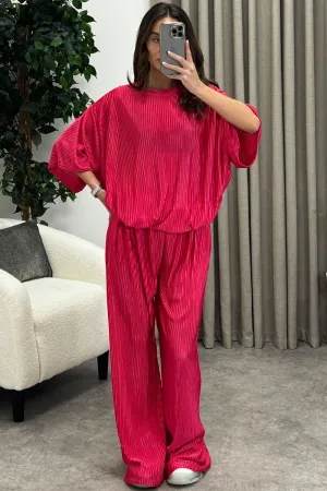 Rosalia Hot Pink Plisse Oversized Top and Wide Leg Trousers Co-Ord Set