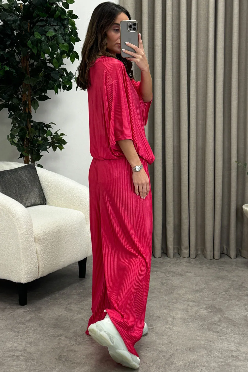 Rosalia Hot Pink Plisse Oversized Top and Wide Leg Trousers Co-Ord Set