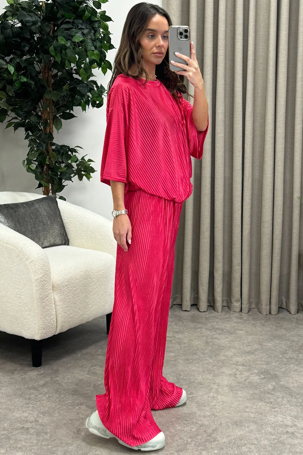 Rosalia Hot Pink Plisse Oversized Top and Wide Leg Trousers Co-Ord Set
