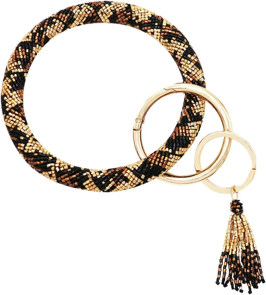 Rosemarie & Jubalee Women's Stunning Seed Bead Covered Wristlet Bangle Bracelet With Key Ring Clip Holder, 3" Inside Diameter