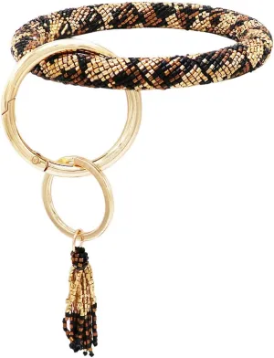 Rosemarie & Jubalee Women's Stunning Seed Bead Covered Wristlet Bangle Bracelet With Key Ring Clip Holder, 3" Inside Diameter
