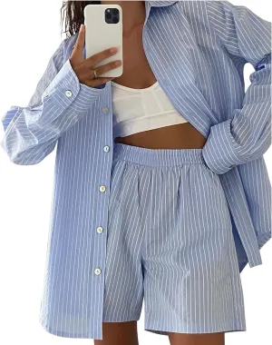SAFRISIOR Womens 2 Piece Casual Tracksuit Outfit Sets Stripe Long Sleeve Shirt And Loose High Waisted Mini Shorts Set